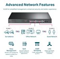 TP-Link JetStream 16-port Gigabit EasySmart PoE+ preklopnik (Switch), 16×10/100/1000M RJ45 PoE, 2×SFP Gigabit, 1U 19" rack-mount kućište (192W)