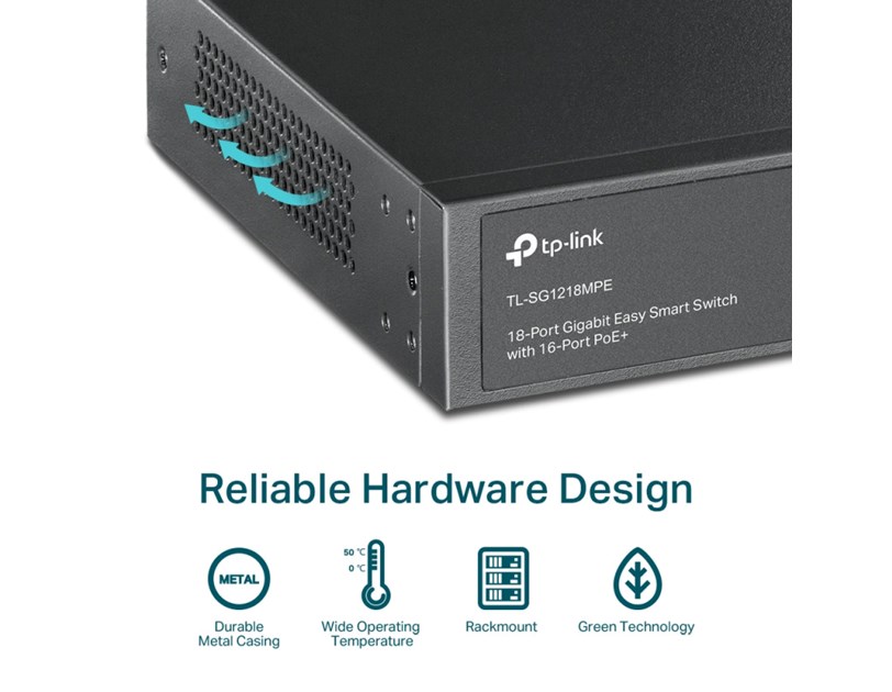 TP-Link JetStream 16-port Gigabit EasySmart PoE+ preklopnik (Switch), 16×10/100/1000M RJ45 PoE, 2×SFP Gigabit, 1U 19" rack-mount kućište (192W)