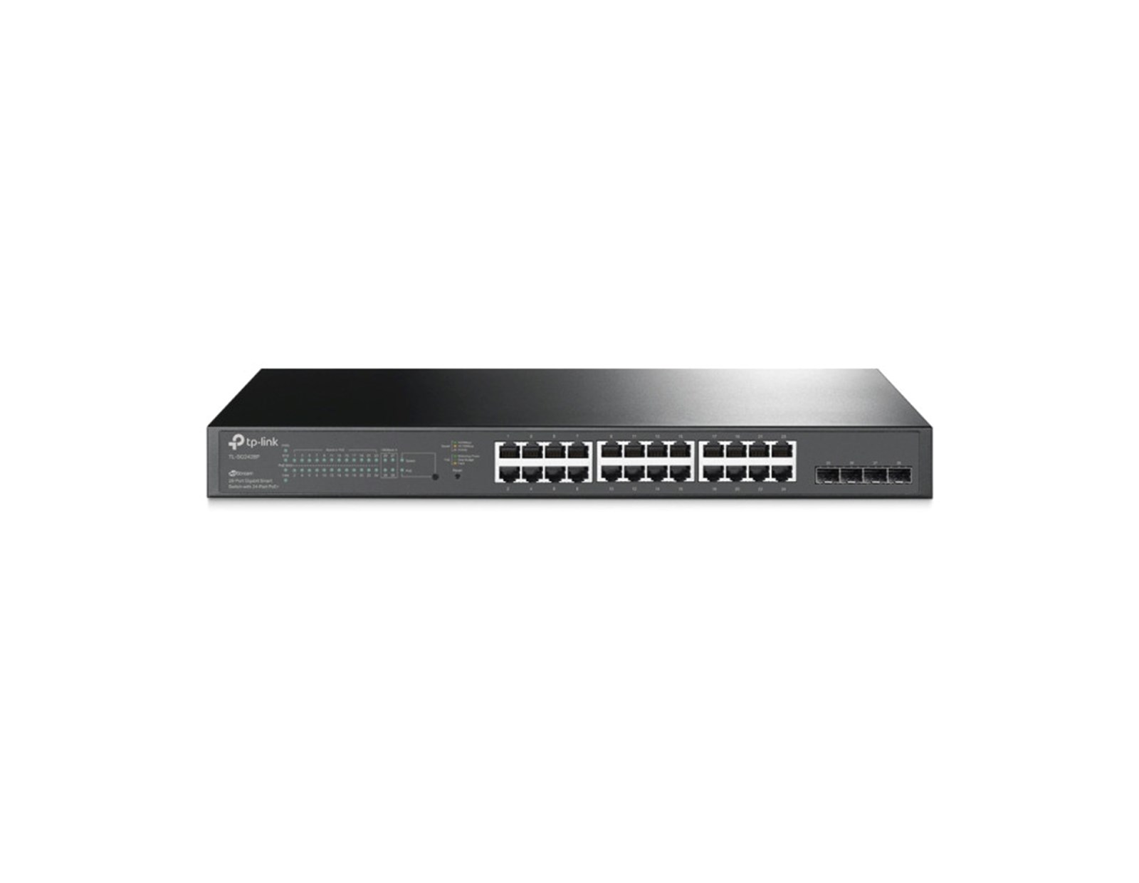 TP-Link Omada JetStream 24-port Gigabit L2 PoE+ Smart preklopnik (Switch), 24×10/100/1000M RJ45 port, 4×Gbit SFP, 802.3at/af, 19" 1U rack mount (250W)