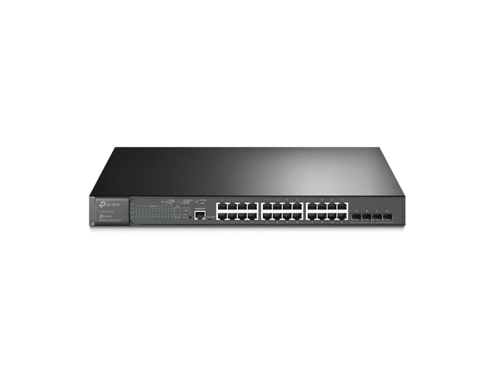 TP-Link Omada JetStream 28-port Gigabit L2+ upravljiv PoE+ preklopnik (Switch), 24×10/100/1000M RJ45 ports, 4×Gbit SFP, RJ45/Micro-USB Console port, 1U 19" rack mount (384W)