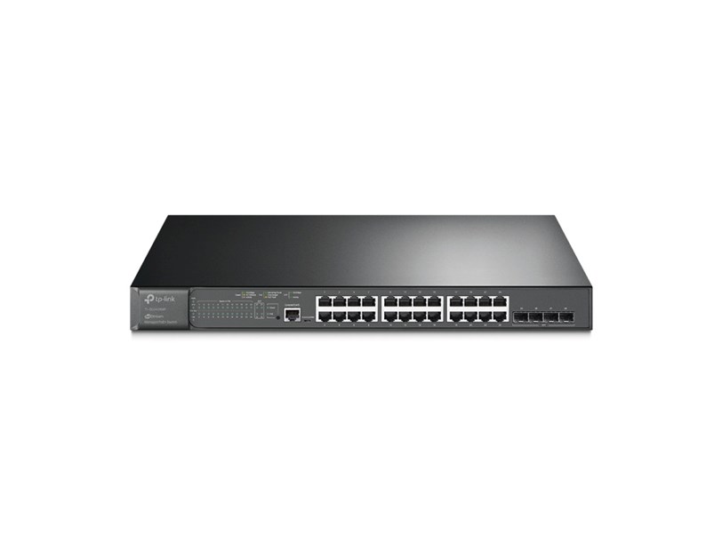 TP-Link Omada JetStream 28-port Gigabit L2+ upravljiv PoE+ preklopnik (Switch), 24×10/100/1000M RJ45 ports, 4×Gbit SFP, RJ45/Micro-USB Console port, 1U 19" rack mount (384W)