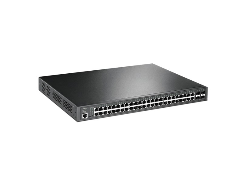 TP-Link Omada JetStream 48-port Gigabit L2 Smart PoE+ preklopnik, 48×10/100/1000 RJ45 ports, 4×SFP Gigabit, 1×RJ45 console port, 1×microUSB, 1U 19" rack-mount (385W)