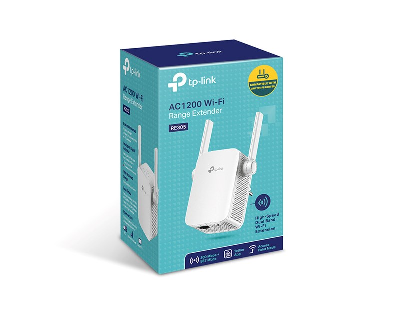 TP-Link AC1200 bežični pojačivač dometa (Range Extender), Dual Band 300Mbps/867Mbps (2.4GHz/5GHz), 802.11ac/a/b/g/n, 1×LAN, Range extender mod, 2×vanjska fiksna antena