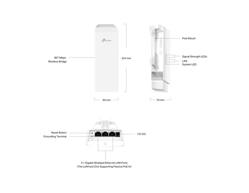 TP-Link Omada Long Range bežična pristupna točka vanjska (AP) 5km, 867Mbps (5GHz), IEEE 802.11 a/b/g/n/ac, podrška za Pasive PoE, 3×LAN, 2×2 11.0 dBi usmjeriva antena