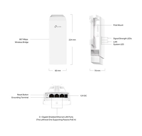 TP-Link Omada bežična pristupna točka vanjska (AP) 1km, 867Mbps (5GHz), IEEE 802.11 a/b/g/n/ac, podrška za Pasive PoE, 3×LAN, 2×2 11.0 dBi usmjeriva antena