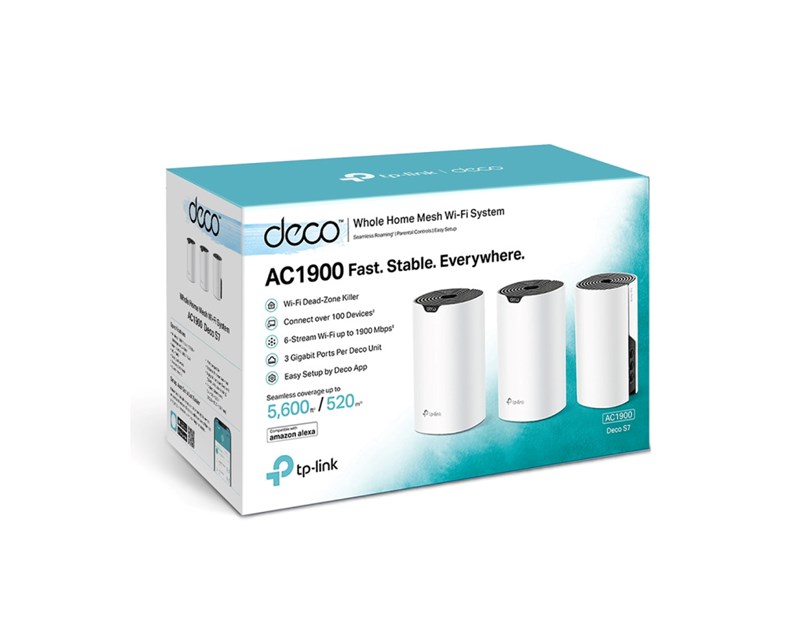 TP- Link AC1900 Deco S7 (3-pack) Mesh Wi-Fi, Dual-Band, 600 Mbps/1300 Mbps (2.4GHz/5GHz), 3×LAN, 3×interna antena, Deco App