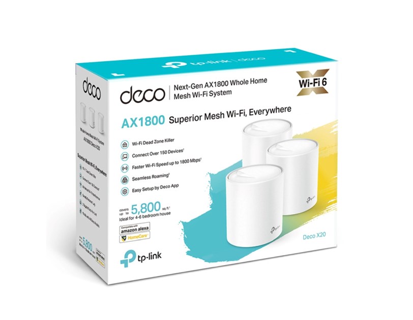 TP-Link AX1800 Deco X20 (3-pack), Dual-Band Mesh Wi-Fi 6, 574Mbps/1201Mbps (2.4GHz/5GHz), 802.11ax/ac/n/a/b/g, 2×G-LAN, Deco App