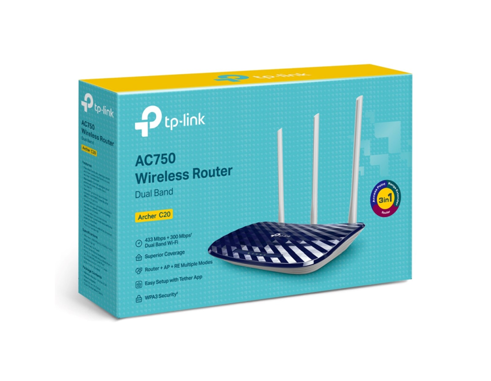 TP-Link AC750 Archer C20 bežični usmjerivač (Dual-Band Router) 300Mbps/433Mbps (2.4GHz/5GHz), 802.11a/b/g/n/ac, 1×WAN, 4×LAN, WPS, 3×fiksna antena
