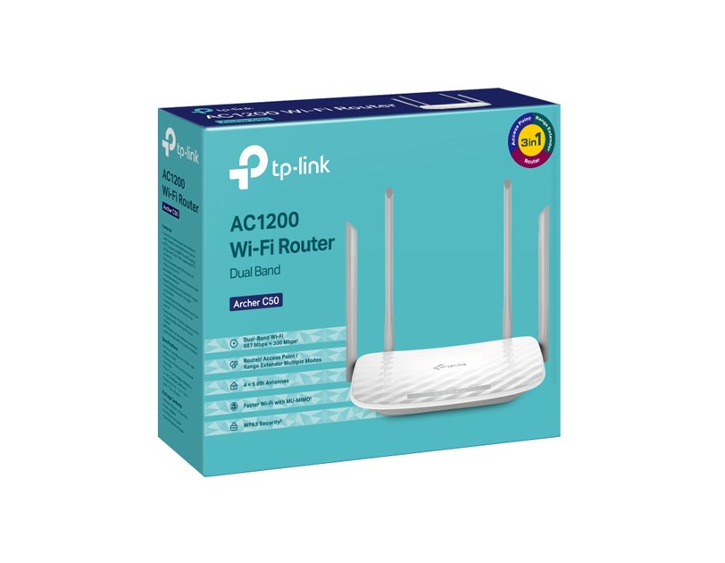 TP-Link AC1200 Archer C50 bežični usmjerivač (Dual-Band Router) 300Mbps/867Mbps (2.4GHz/5GHz), 802.11a/b/g/n/ac, 1×WAN, 4×LAN, USB2.0, 4xfiksne antene