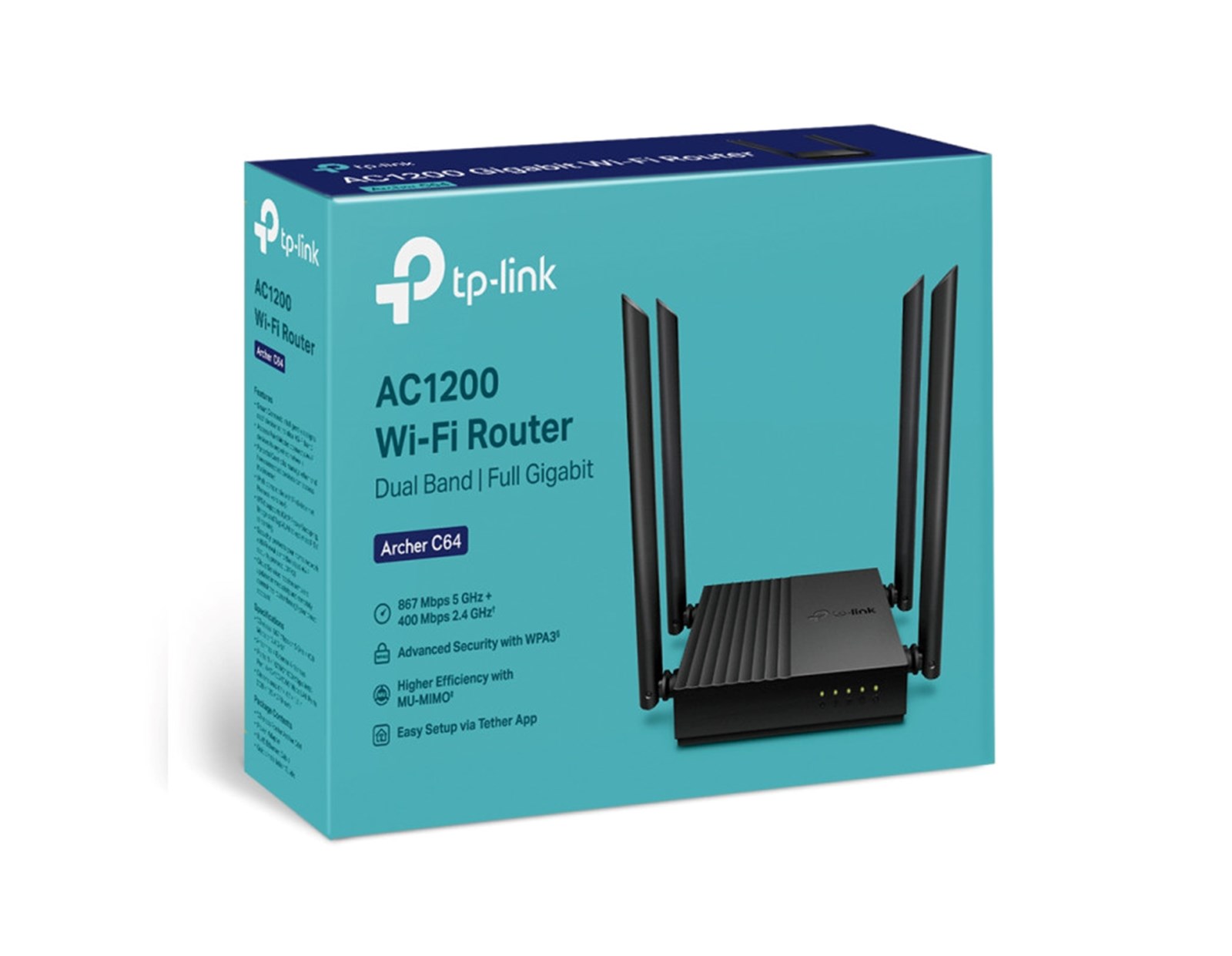 TP-Link AC1200 Archer C64 bežični usmjerivač (Dual-Band Gigabit Router) 400Mbps/867Mbps (2.4GHz/5GHz), 802.11a/b/g/n/ac,  1×G-WAN, 4×G-LAN, 4 antene 