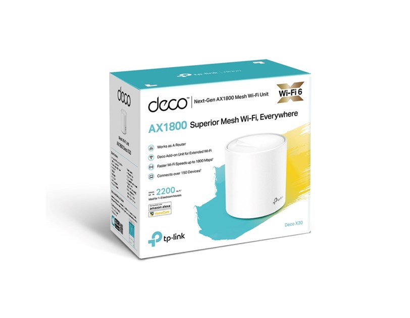 TP-Link AX1800 Deco X20, Dual-Band Mesh Wi-Fi 6, 574Mbps/1201Mbps (2.4GHz/5GHz), 802.11ax/ac/n/a/b/g, 2×G-LAN, Deco App