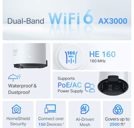 TP-Link AX3000 Deco X50-Outdoor, Dual-Band Mesh Wi-Fi 6, 574Mbps/2402Mbps (2.4GHz/5GHz), 802.11ax/ac/n/a/b/g, 2×G-LAN, IP65, Deco App