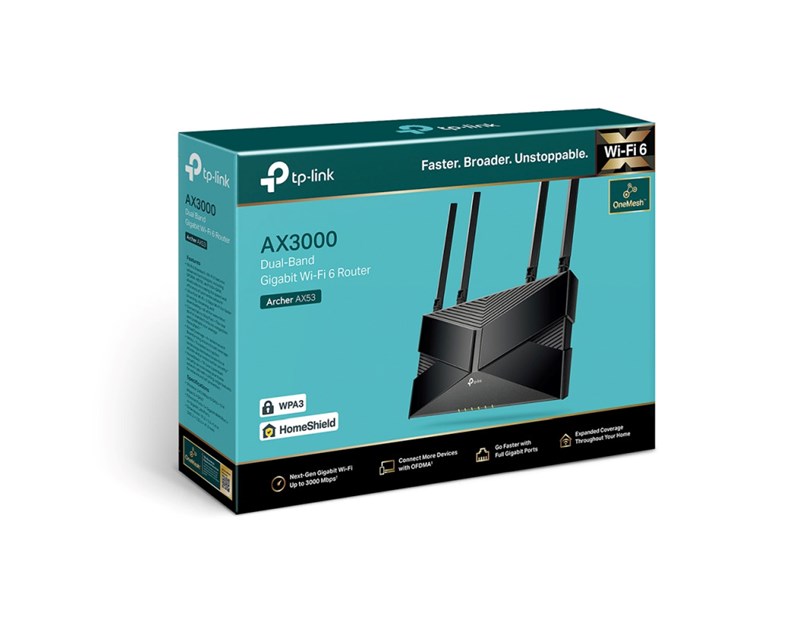 TP-Link AX3000 Archer AX53 bežični usmjerivač, Dual-Band WiFi 6, 574Mbps/2402Mbps (2.4GHz/5GHz)802.11ax/a/b/g/n/ac, 1×G-WAN, 4×G-LAN, 4 antene, bežični