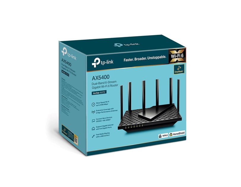 TP-Link AX5400 Archer AX72 bežični usmjerivač (Dual-Band Router Wi-Fi 6) 574Mbps/4804Mbps (2.4GHz/5GHz), CPU 1.0GHz, 802.11ax/ac/n/a/b/g, 1×G-WAN, 4×G-LAN, USB3.0, 6×fiksne antene
