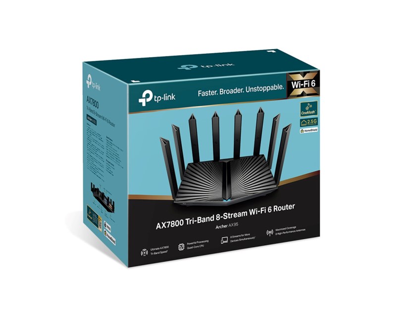 TP-Link AX7800 Archer AX95 bežični usmjerivač (Tri-Band Gigabit Wi-Fi 6 Router) 574 Mbps/2402 Mbps/4804 Mbps (2.4GHz/5GHz×2) 802.11ax/ac/n/a/b/g,1.7 GHz 4C, 3x G-LAN, 2x G-WAN/LAN, 2xUSB, 8x Antena 