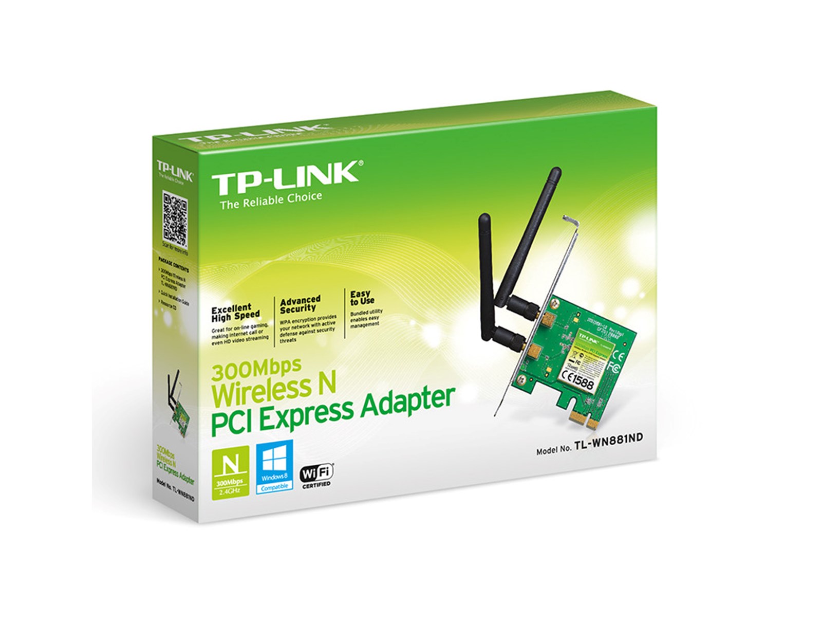 TP-Link bežični PCIe adapter 300Mbps (2.4GHz), 802.11n/g/b, 2× odvojiva antena, Low profile