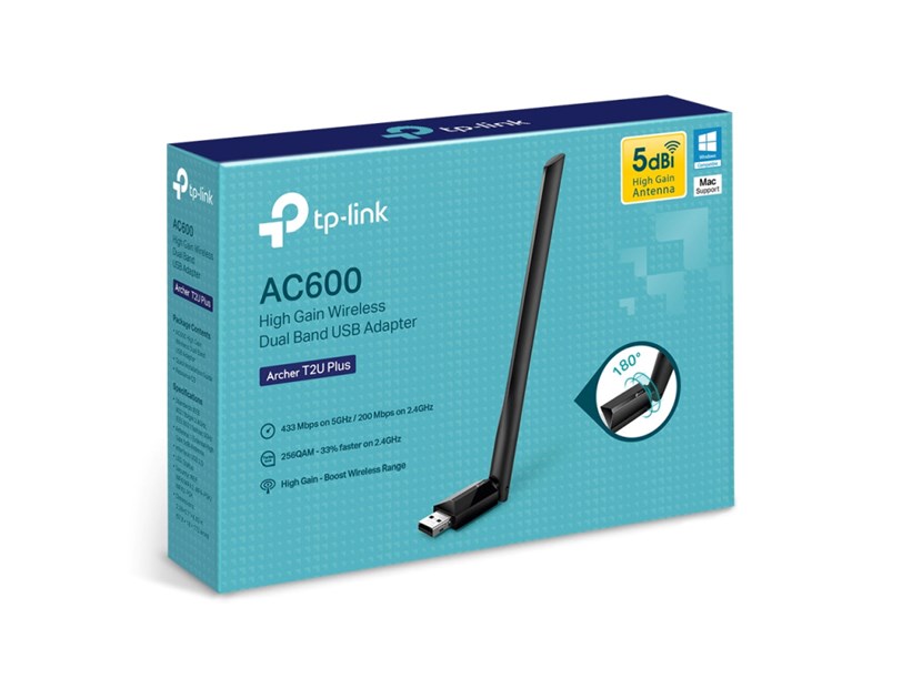 TP-Link AC600 Archer T2U Plus bežični High-Gain Dual-Band USB adapter 200Mbps/433Mbps (2.4GHz/5GHz), 802.11a/b/g/n/ac, 5dBi antena