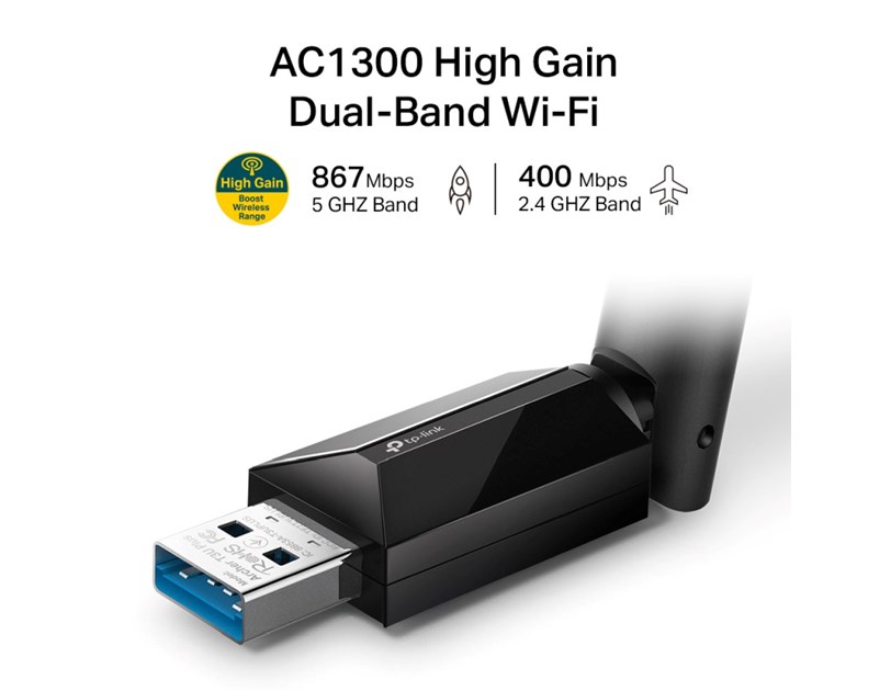 TP-Link AC1300 Archer T3U Plus bežični High-Gain Dual-Band USB3.0 adapter 400Mbps/867Mbps (2.4GHz/5GHz), 802.11a/b/g/n/ac, 2×antena