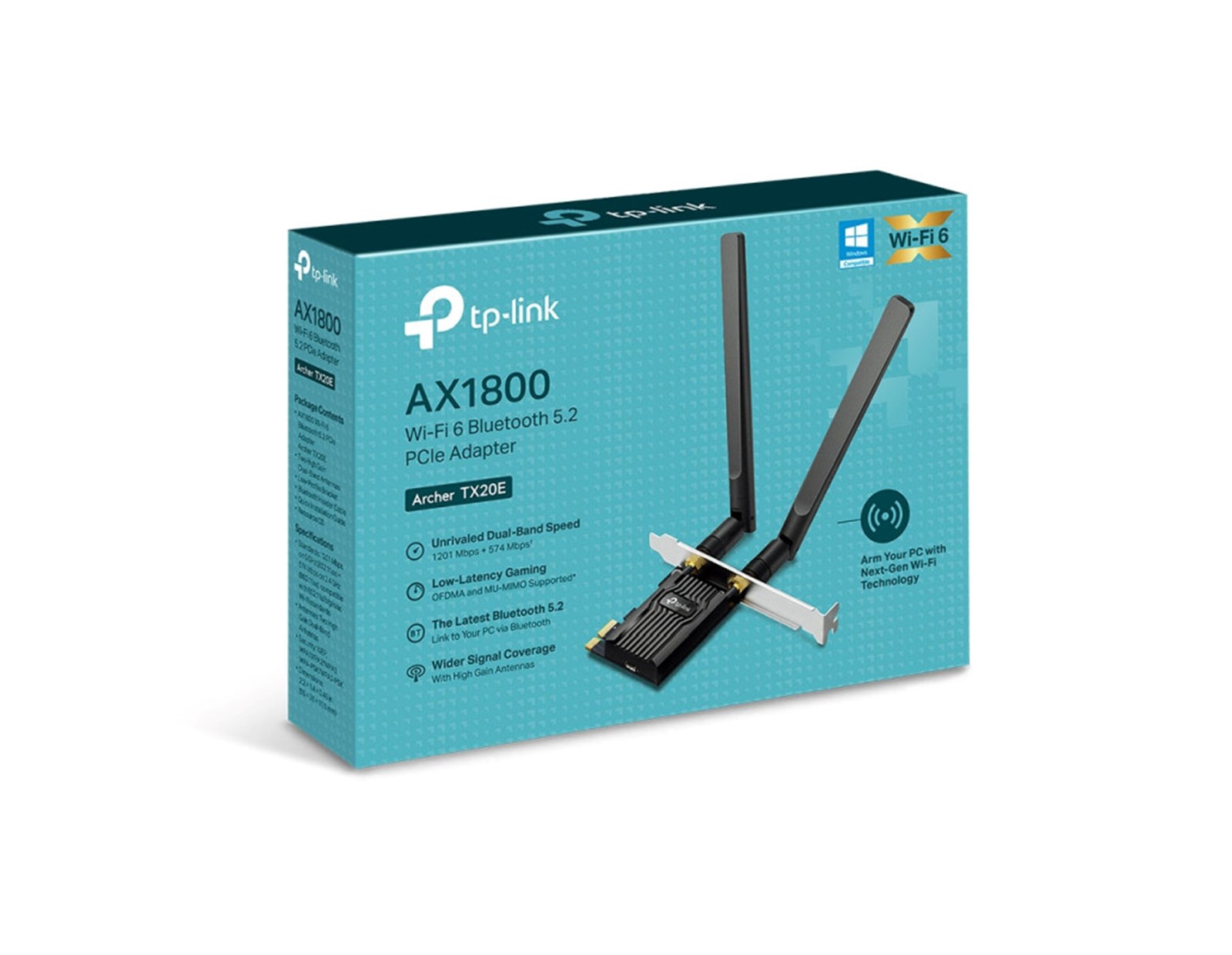 TP-Link AX1800 Archer TX20E bežični Dual-Band Wi-Fi 6 BT5.2 PCI-E adapter 574Mbps/1201Mbps (2.4GHz/5GHz), 802.11ax/ac/n/a/g/b, 2×antene
