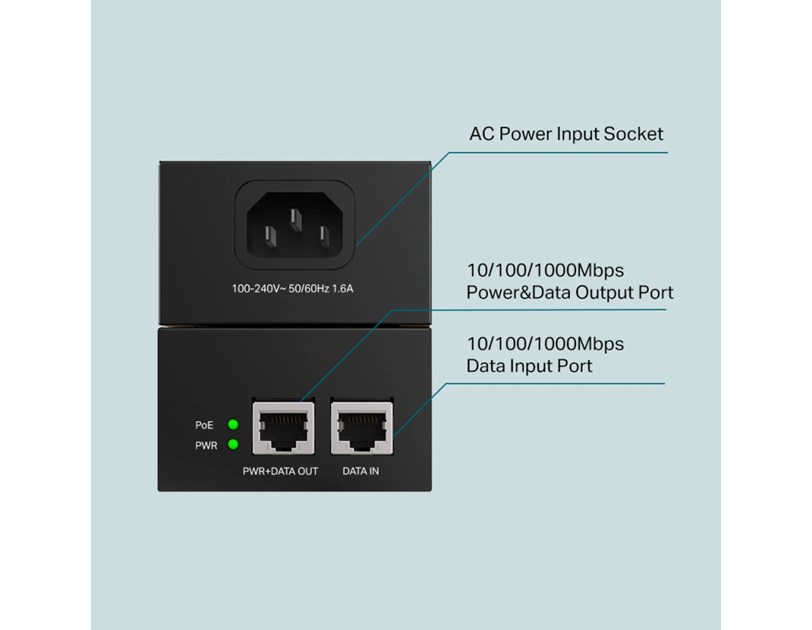 TP-Link PoE++ Injector Adapter, 1×Gbit PoE Port, 1×Gbit Non-PoE Port, 802.3at/af/bt, Data+Power po istom kablu do 100m, metalno kućište