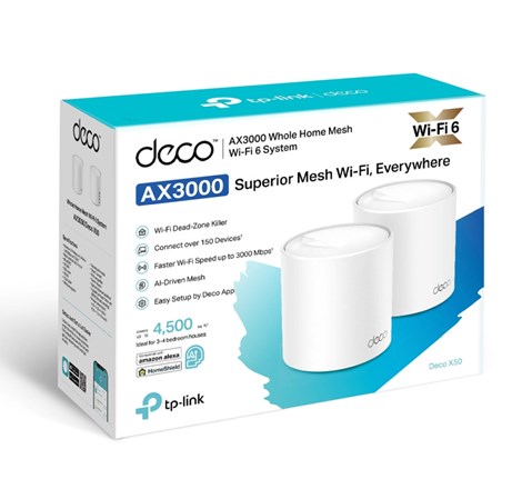 TP-Link AX3000 Deco X50 (2-pack), Dual-Band Mesh Wi-Fi 6, 574Mbps/2402Mbps (2.4GHz/5GHz), 802.11ax/ac/n/a/b/g, 3×G-LAN, Deco App