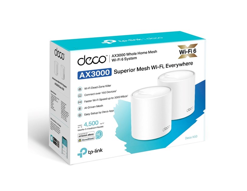 TP-Link AX3000 Deco X50 (2-pack), Dual-Band Mesh Wi-Fi 6, 574Mbps/2402Mbps (2.4GHz/5GHz), 802.11ax/ac/n/a/b/g, 3×G-LAN, Deco App