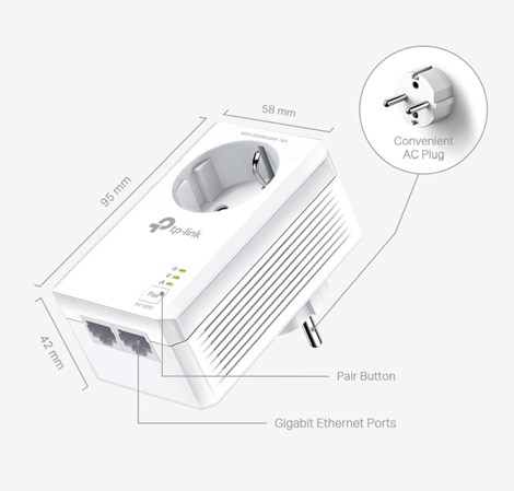 TP-Link AV1000 Powerline Gigabit mrežni adapter, 1000Mbps, dodatna strujna utičnica, 2×G-LAN, HomePlug AV2 (duplo pakiranje)