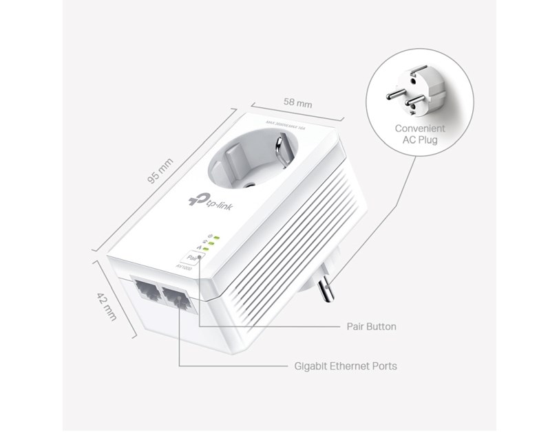TP-Link AV1000 Powerline Gigabit mrežni adapter, 1000Mbps, dodatna strujna utičnica, 2×G-LAN, HomePlug AV2 (duplo pakiranje)