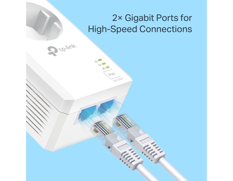 TP-Link AV1000 Powerline Gigabit mrežni adapter, 1000Mbps, dodatna strujna utičnica, 2×G-LAN, HomePlug AV2 (duplo pakiranje)