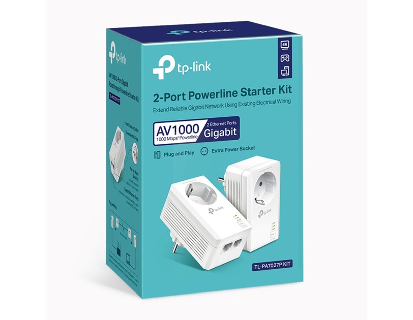 TP-Link AV1000 Powerline Gigabit mrežni adapter, 1000Mbps, dodatna strujna utičnica, 2×G-LAN, HomePlug AV2 (duplo pakiranje)