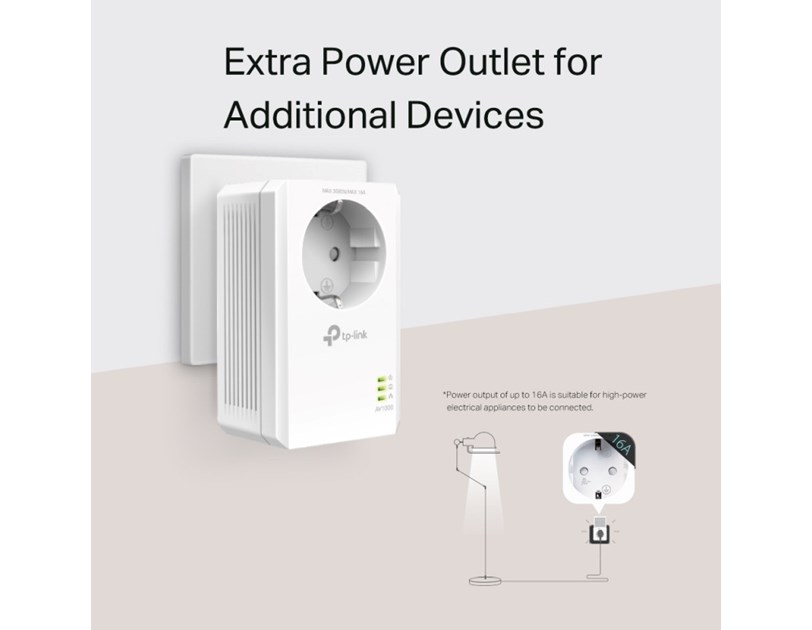 TP-Link AV1000 Powerline Gigabit mrežni adapter, 1000Mbps, dodatna strujna utičnica, HomePlug AV2 (duplo pakiranje)