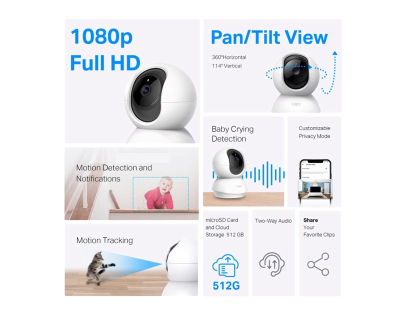TP-Link Tapo C200 kamera FHD, H.264, 360°/114° Pan/Tilt, Advanced Night Vision, microSD, dvosmjerni audio, detekcija pokreta, Wi-Fi, Tapo app