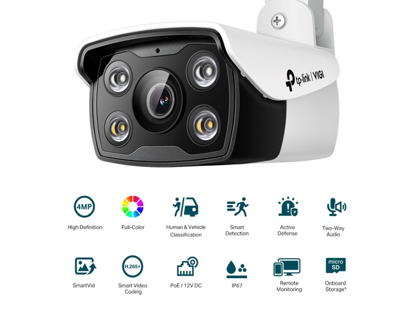 TP-Link VIGI C340 Full color kamera 2K 4MP, H.265+, 4mm leća, RJ45, PoE/12V DC, Night Vision, microSD, dvosmjerni audio, detekcija pokreta, vodootporna IP67, VIGI app