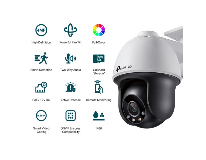 TP-Link VIGI C540 Full color kamera 2K 4MP, Pan/Tilt, H.265+, 4mm leća, RJ45, PoE/12V DC, Night Vision, microSD, detekcija pokreta, vodootporna IP66, VIGI app