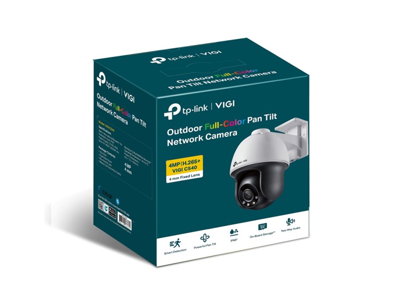 TP-Link VIGI C540 Full color kamera 2K 4MP, Pan/Tilt, H.265+, 4mm leća, RJ45, PoE/12V DC, Night Vision, microSD, detekcija pokreta, vodootporna IP66, VIGI app