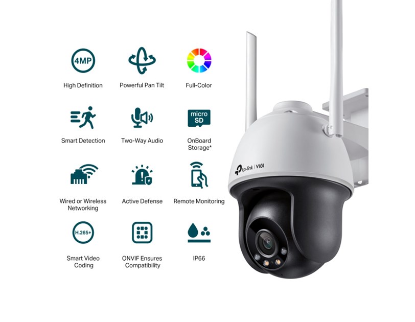 TP-Link VIGI C540-W-4 Full color kamera 2K 4MP, Pan/Tilt, H.265+, 4mm leća, RJ45, Night Vision, microSD, dvosmjerni audio, detekcija pokreta, vodootporna IP66, VIGI app