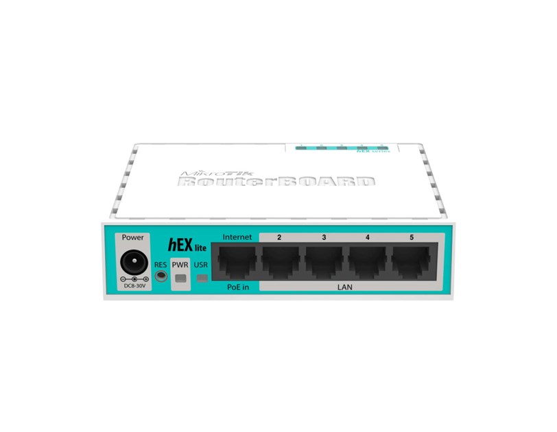 Mikrotik RB750r2 hEX lite, 850MHz CPU, 64MB RAM, 5×LAN, RouterOS L4, plastično kućište, PSU