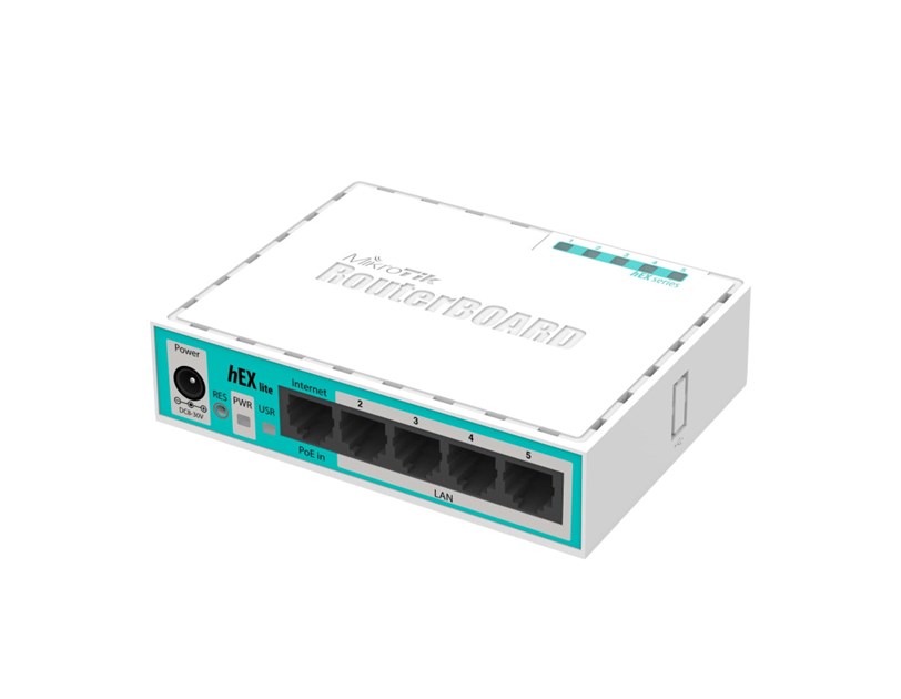 Mikrotik RB750r2 hEX lite, 850MHz CPU, 64MB RAM, 5×LAN, RouterOS L4, plastično kućište, PSU