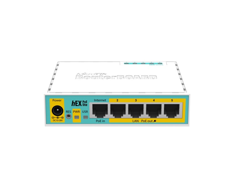 Mikrotik RB750UPr2, hEX PoE lite, 650MHz CPU, 64MB RAM, 5xLAN, (4×PoE izlaz), USB, RouterOS L4, plastično kućište, PSU	