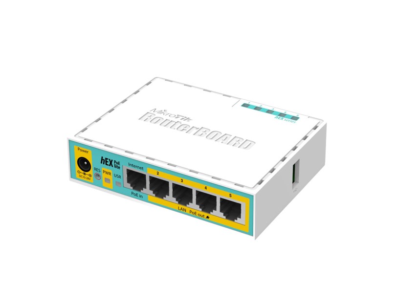 Mikrotik RB750UPr2, hEX PoE lite, 650MHz CPU, 64MB RAM, 5xLAN, (4×PoE izlaz), USB, RouterOS L4, plastično kućište, PSU	