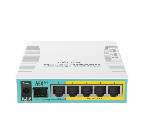 Mikrotik RB960PGS, hEX PoE, 800MHz CPU, 128MB RAM, 5×Gigabit LAN, (4×PoE izlaz), SFP, USB, RouterOS L4, plastično kućište, PSU