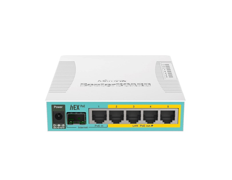 Mikrotik RB960PGS, hEX PoE, 800MHz CPU, 128MB RAM, 5×Gigabit LAN, (4×PoE izlaz), SFP, USB, RouterOS L4, plastično kućište, PSU