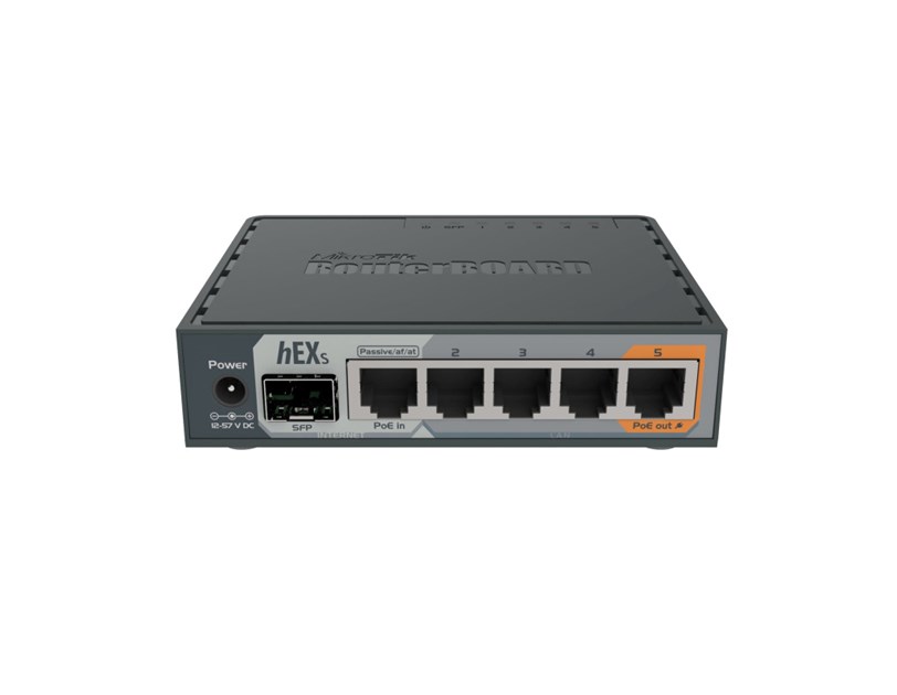 Mikrotik RB760iGS hEX S with Dual Core 880MHz MHz CPU, 256MB RAM, 5×G-LAN, SFP, USB, PoE-out-port #5, RouterOS L4, plastično kućište, PSU