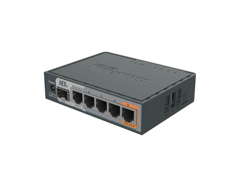 Mikrotik RB760iGS hEX S with Dual Core 880MHz MHz CPU, 256MB RAM, 5×G-LAN, SFP, USB, PoE-out-port #5, RouterOS L4, plastično kućište, PSU