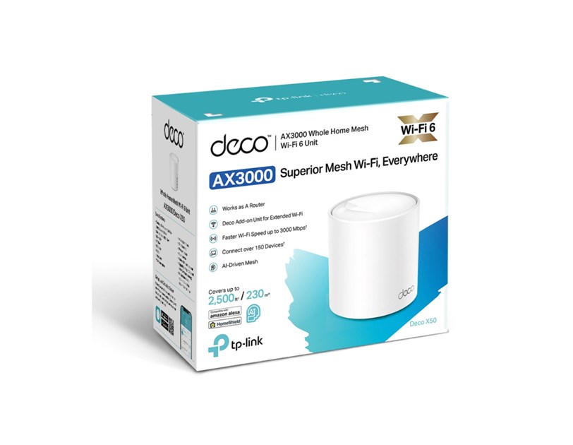 TP-Link AX3000 Deco X50, Dual-Band Mesh Wi-Fi 6, 574Mbps/2402Mbps (2.4GHz/5GHz), 802.11ax/ac/n/a/b/g, 3×G-LAN, Deco App