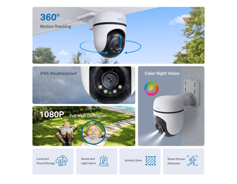 TP-Link Tapo C500 V2 kamera FHD, H.264 video, 360°/130° Pan/Tilt, Color Night Vision, microSD, dvosmjerni audio, detekcija pokreta, vodootporna IP65, Wi-Fi, Tapo app