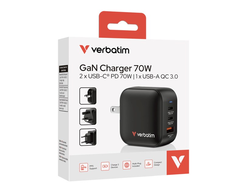 Verbatim Mini GaN zidni punjač 70W, 2×USB-C/1×USB-A, PD/QC 3.0