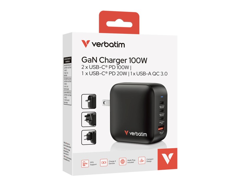 Verbatim Mini GaN zidni punjač 100W, 3×USB-C/1×USB-A, PD/QC 3.0
