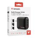 Verbatim Mini GaN zidni punjač 100W, 3×USB-C/1×USB-A, PD/QC 3.0