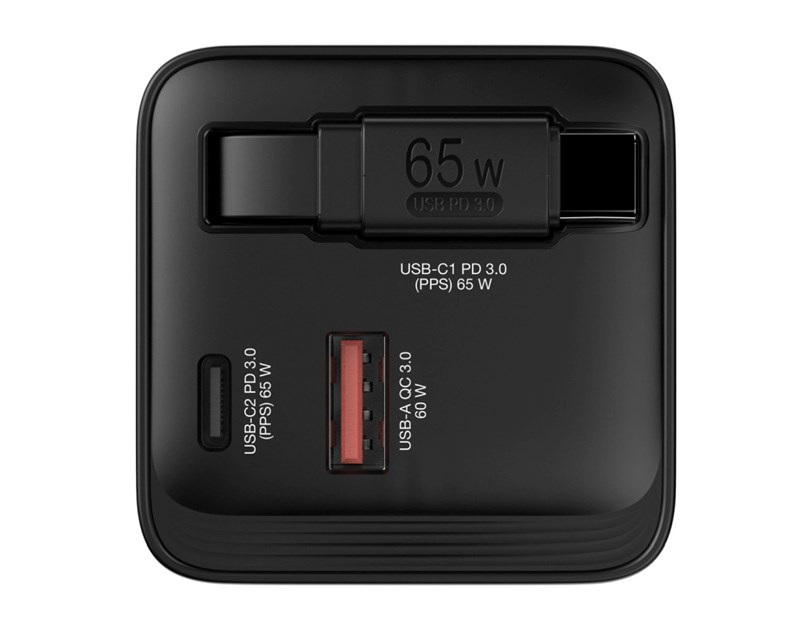Verbatim GaN zidni punjač 65W, USB-C kabel na izvlačenje + 1×USB-A + 1×USB-C